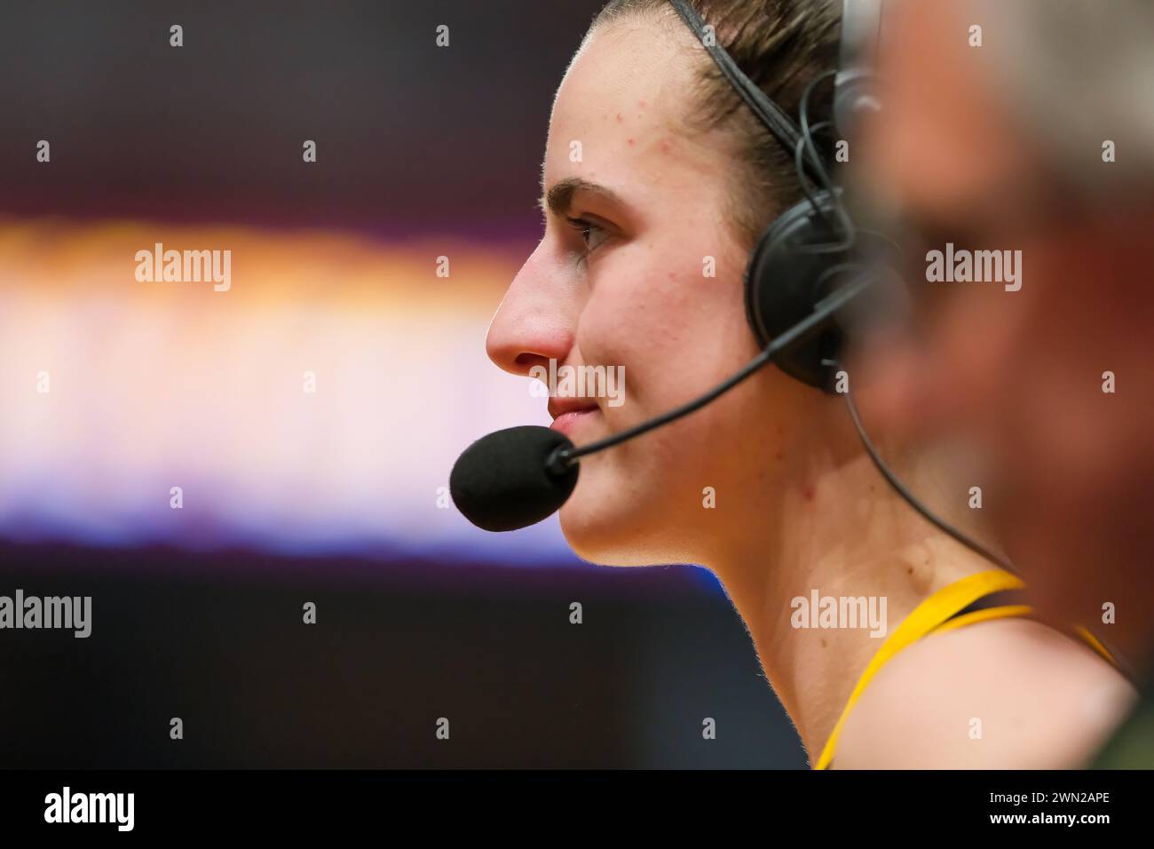 Minneapolis, Minnesota, USA. 28th Feb, 2024. Iowa Hawkeyes guard CAITLIN CLARK (22) interviews at the end of a NCAA Women's Basketball game between Minnesota and Iowa in Williams Arena on February 28th, 2024. Iowa won 108-60. Caitlin Clark also surpassed Lynette Woodard's record for the most points scored in women's college basketball history. (Credit Image: © Steven Garcia/ZUMA Press Wire) EDITORIAL USAGE ONLY! Not for Commercial USAGE! Stock Photo