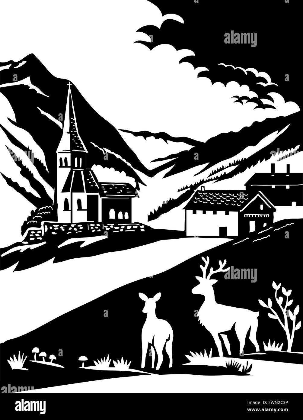 Swiss scherenschnitt or scissors cut illustration of silhouette of deer in Beverin Nature Park in the canton of Grisons, Switzerland in paper cut or d Stock Photo