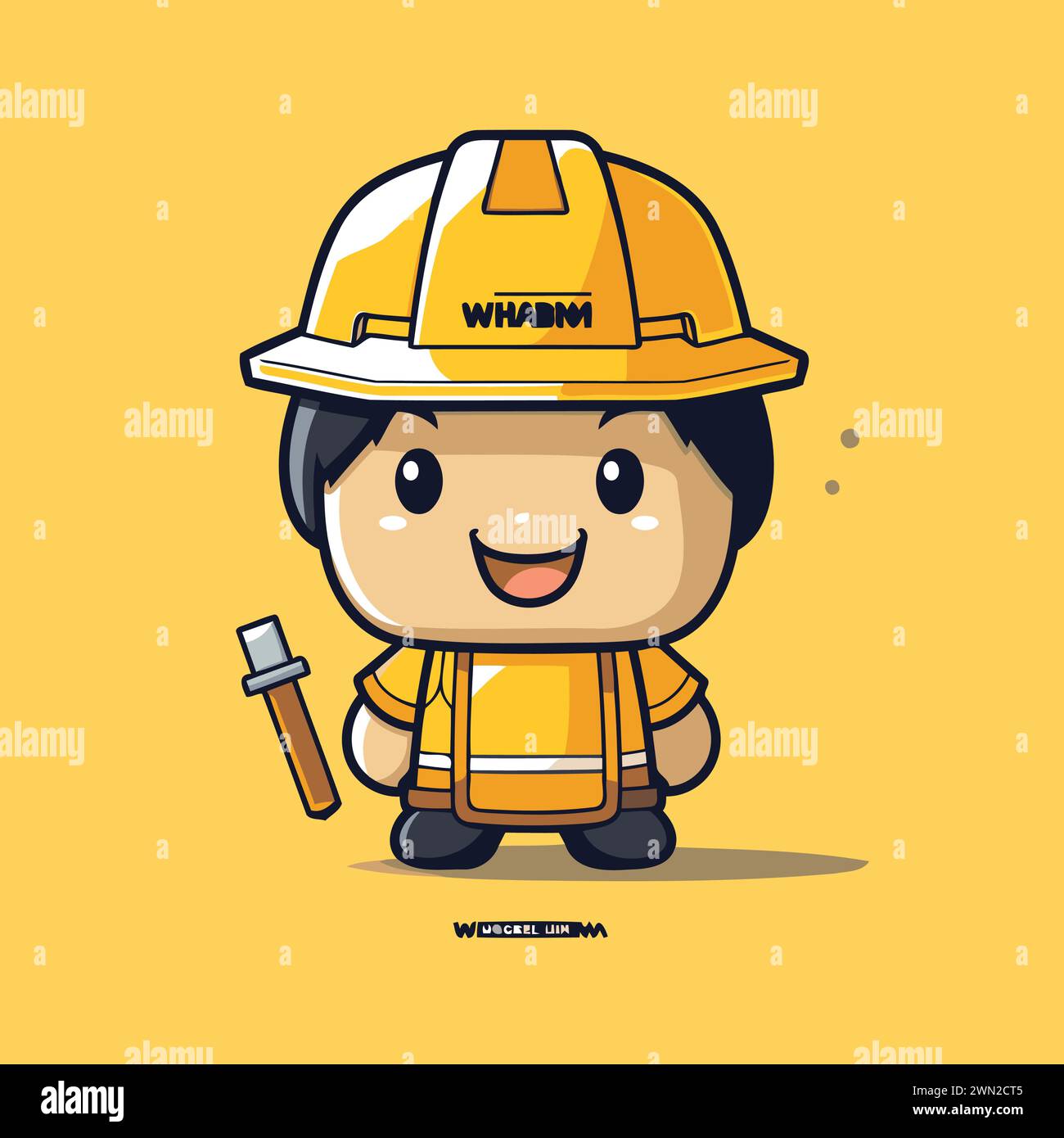 Cute cartoon construction worker character with yellow helmet. Vector