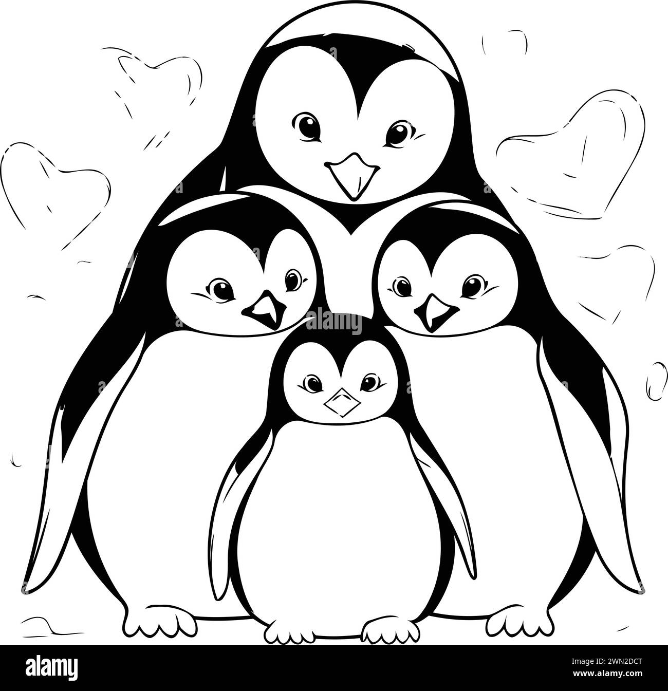 Penguin family. Black and white vector illustration for coloring book