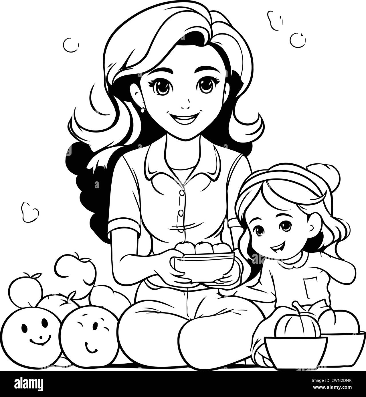 Mother and daughter eating healthy food. Black and white vector illustration for coloring book. Stock Vector
