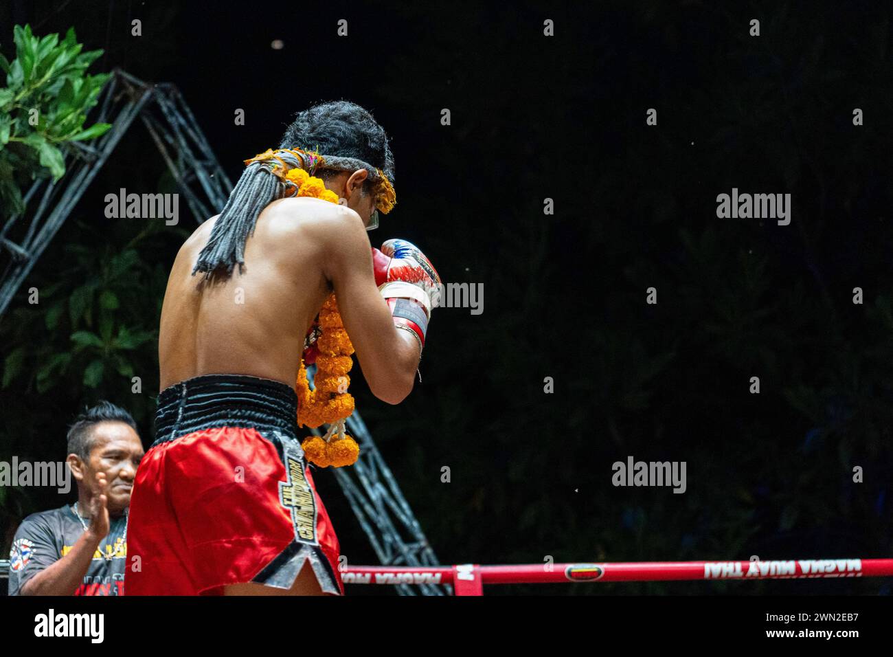 Koh Chang, Thailand. 24th Feb, 2024. Boxer Petch Wan Den seen performing Wai Khru, the ritual ceremony before a fight at the Muay Thai Fights weekly show in Koh Chang. Petch Wan Den defeated Liem Petch. Credit: SOPA Images Limited/Alamy Live News Stock Photo