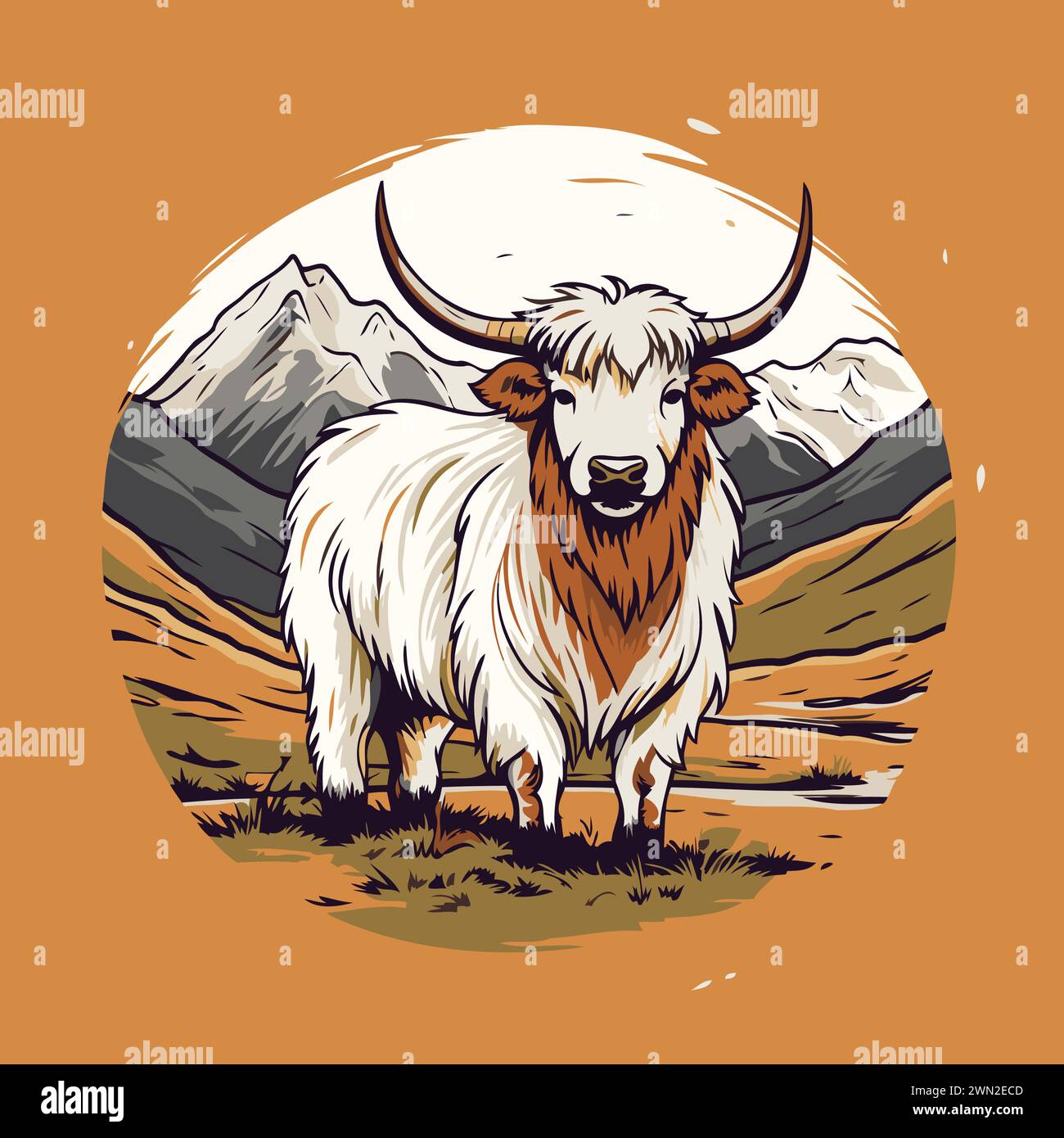 Yak in the mountains. Vector illustration of a white yak Stock Vector