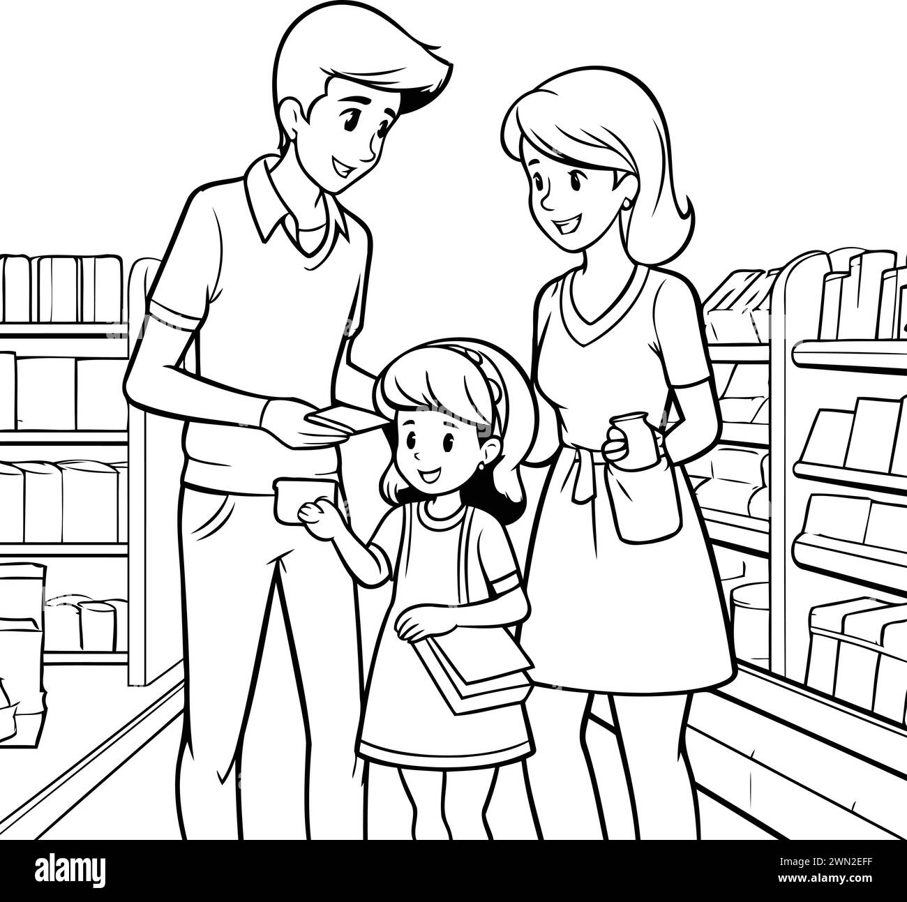 Black and White Cartoon Illustration of Family Shopping in a Grocery