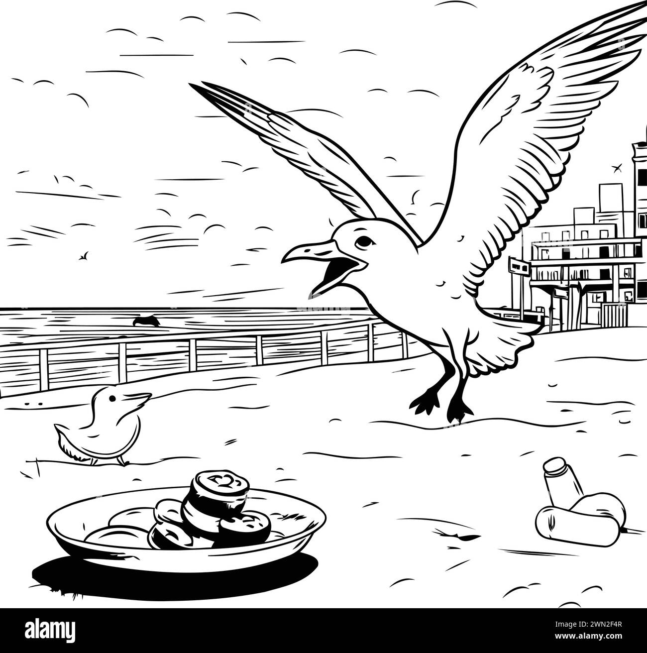 Seagull and food on the beach. Black and white vector illustration. Stock Vector