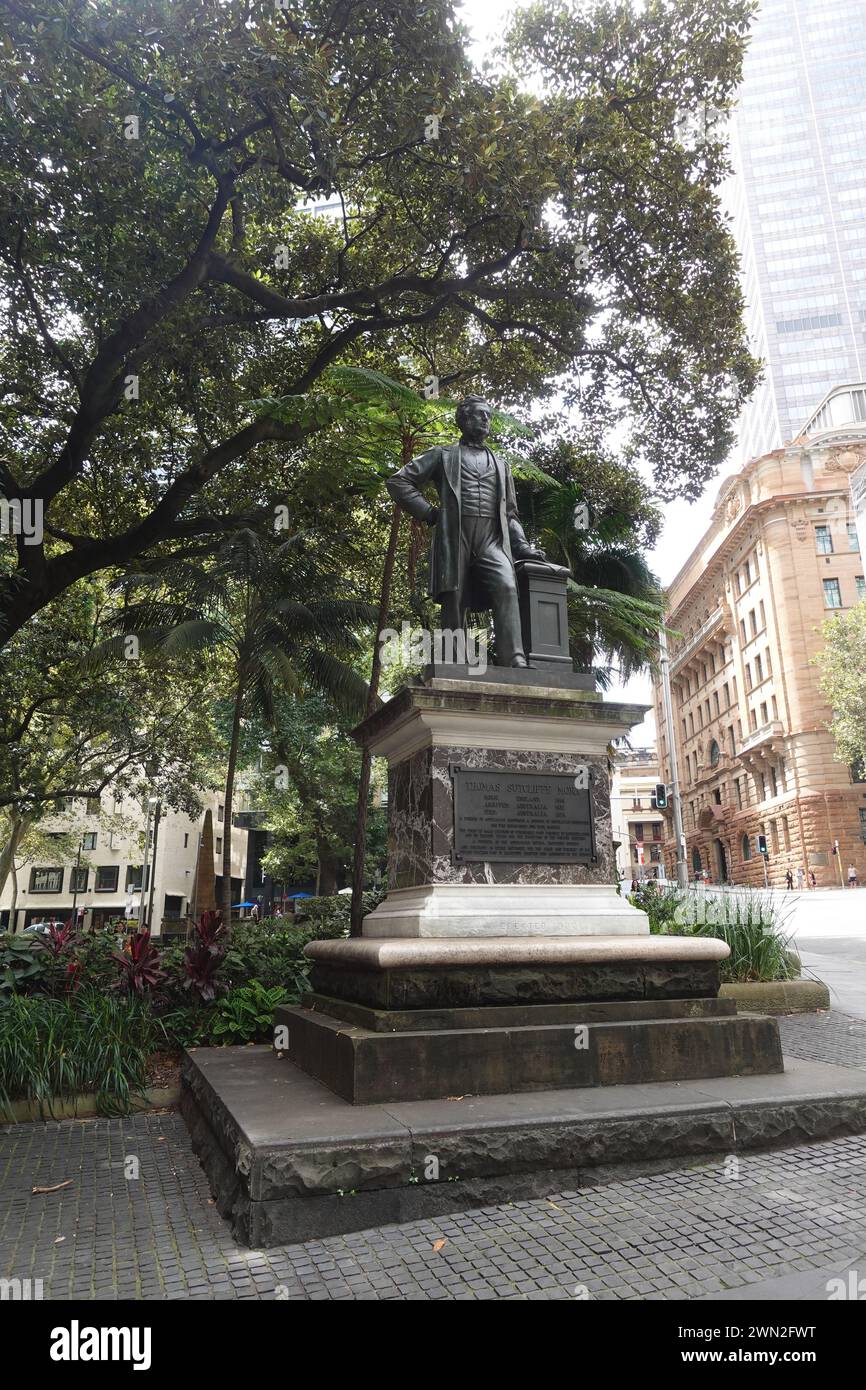 A sculpture of Thomas Sutcliffe Mort, a prominent figure in Sydney's history, stands in Sydney, Australia. This sculpture commemorates Mort's signific Stock Photo