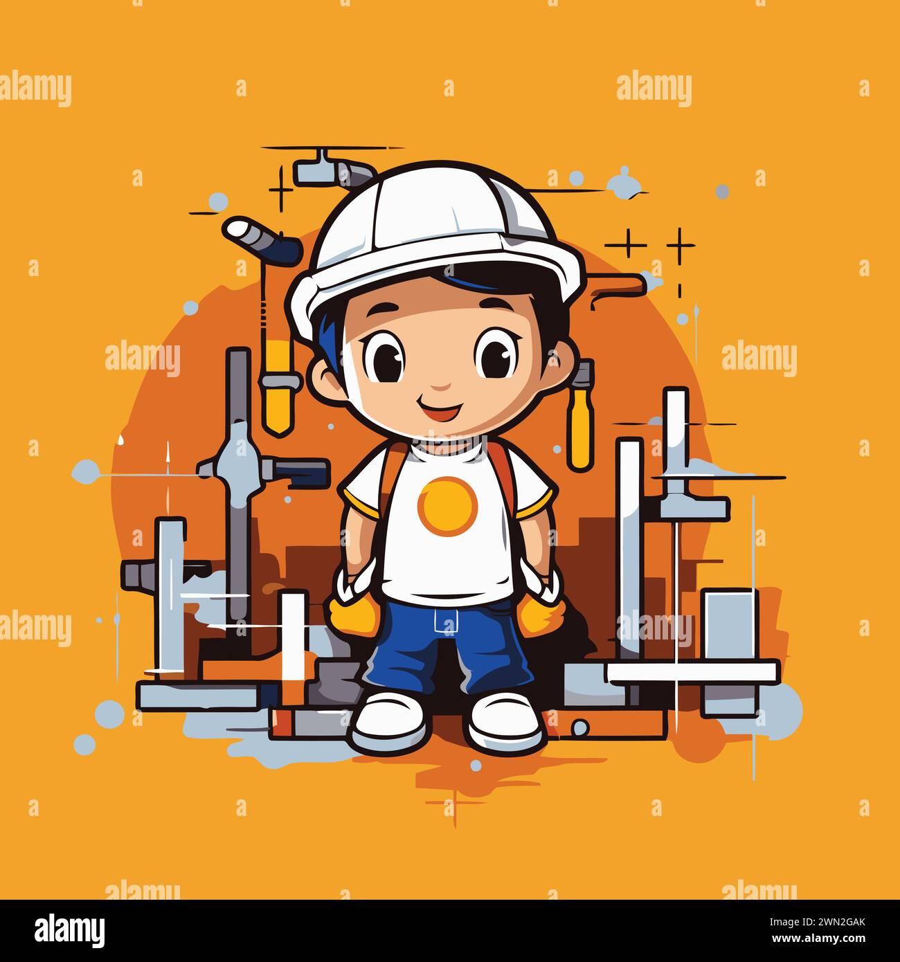 Cute boy with construction tools over yellow background. Vector ...