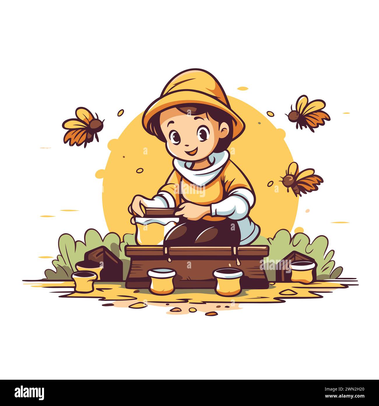 Cute cartoon little boy making coffee in the garden. Vector