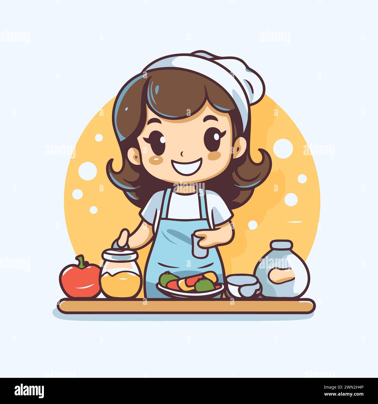 Cute little chef girl cooking in the kitchen. Vector illustration Stock ...