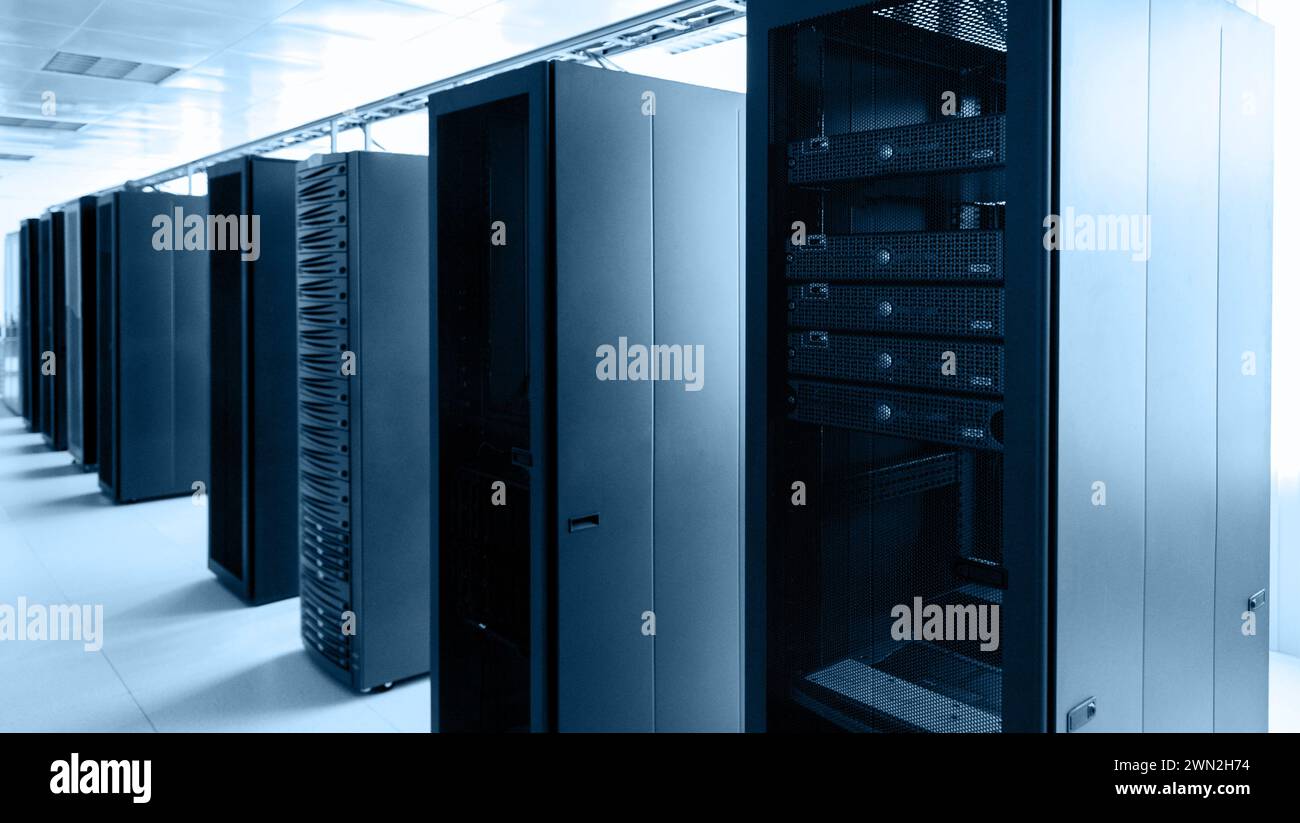 Room with rows of server hardware in an internet data center Stock ...