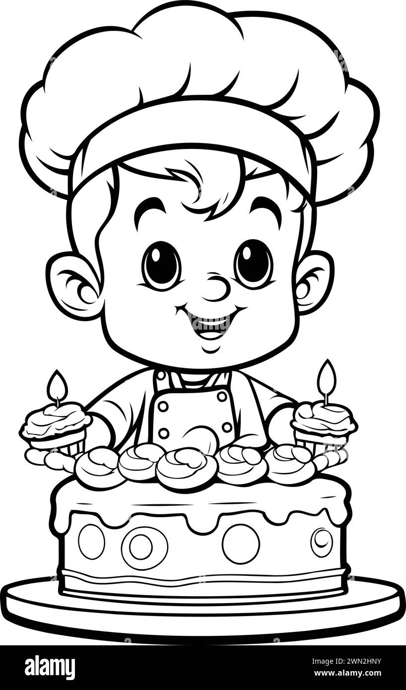 Black and White Cartoon Illustration of Cute Chef Boy with Cake for Coloring Book Stock Vector