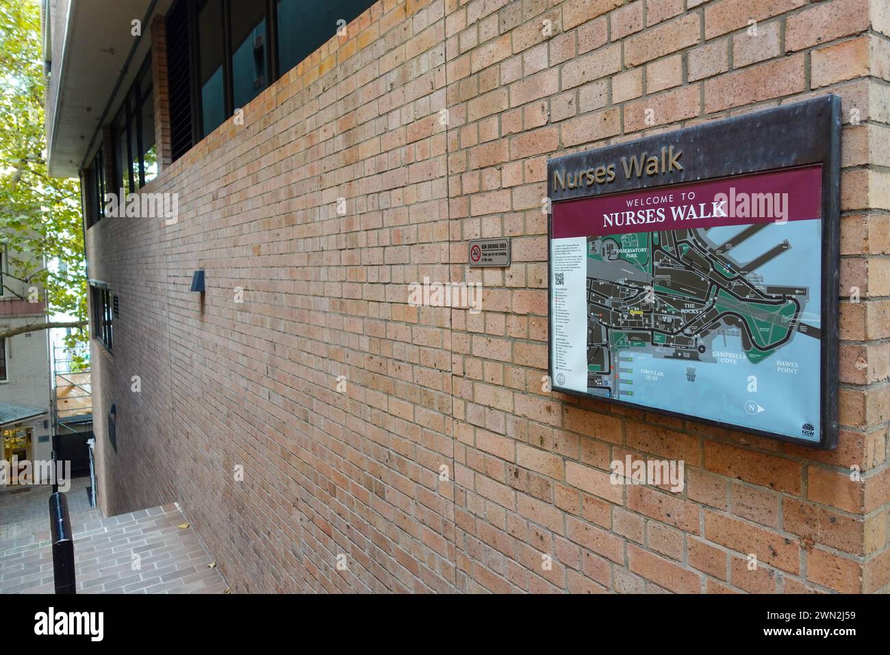 Nurse Walk is a popular laneway located in The Rocks, Sydney, Australia. It was established in 1979 to commemorate the nurses who worked in the area’s Stock Photo