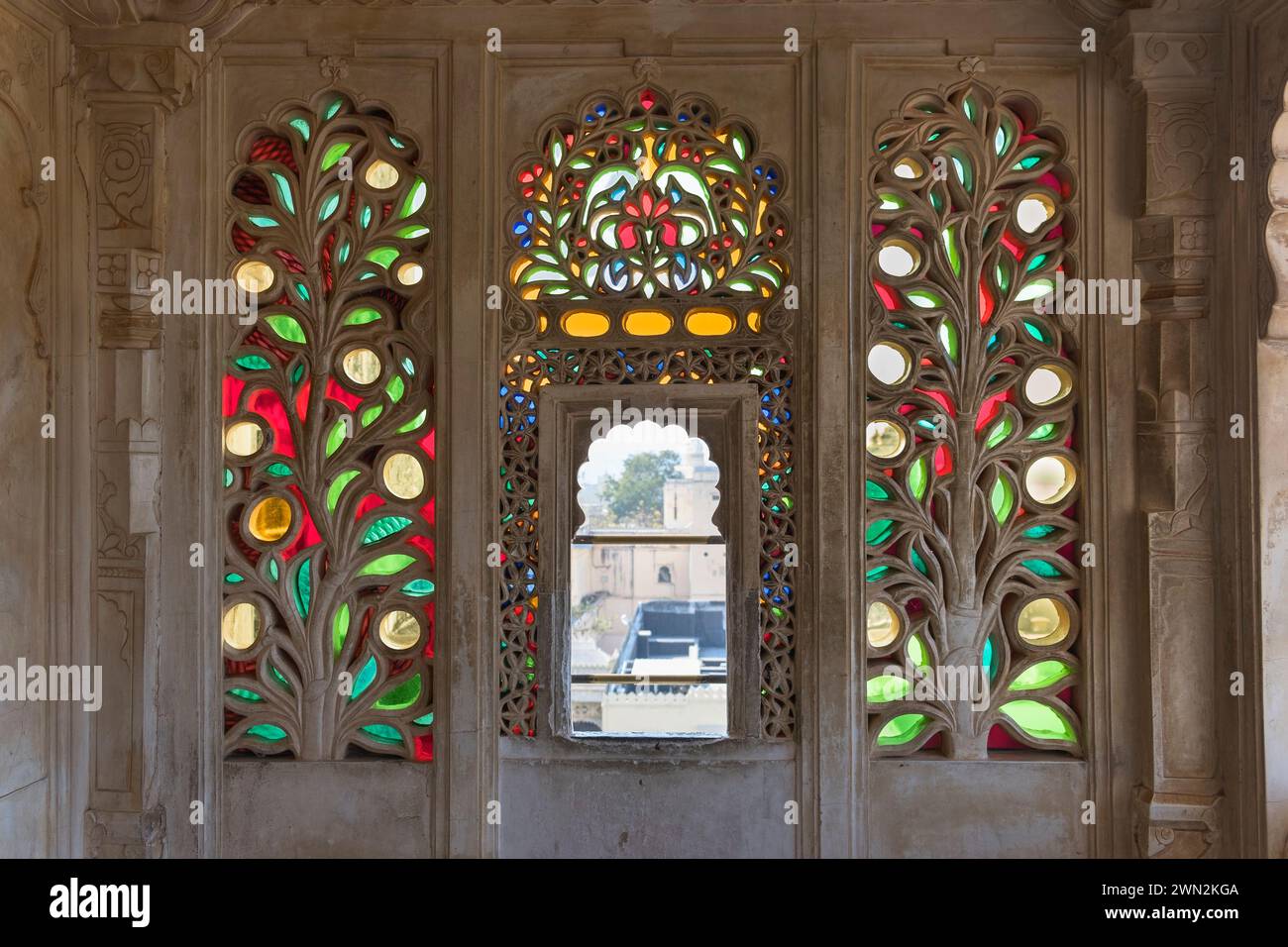 Stained glass window City Palace Udaipur Rajasthan India Stock Photo