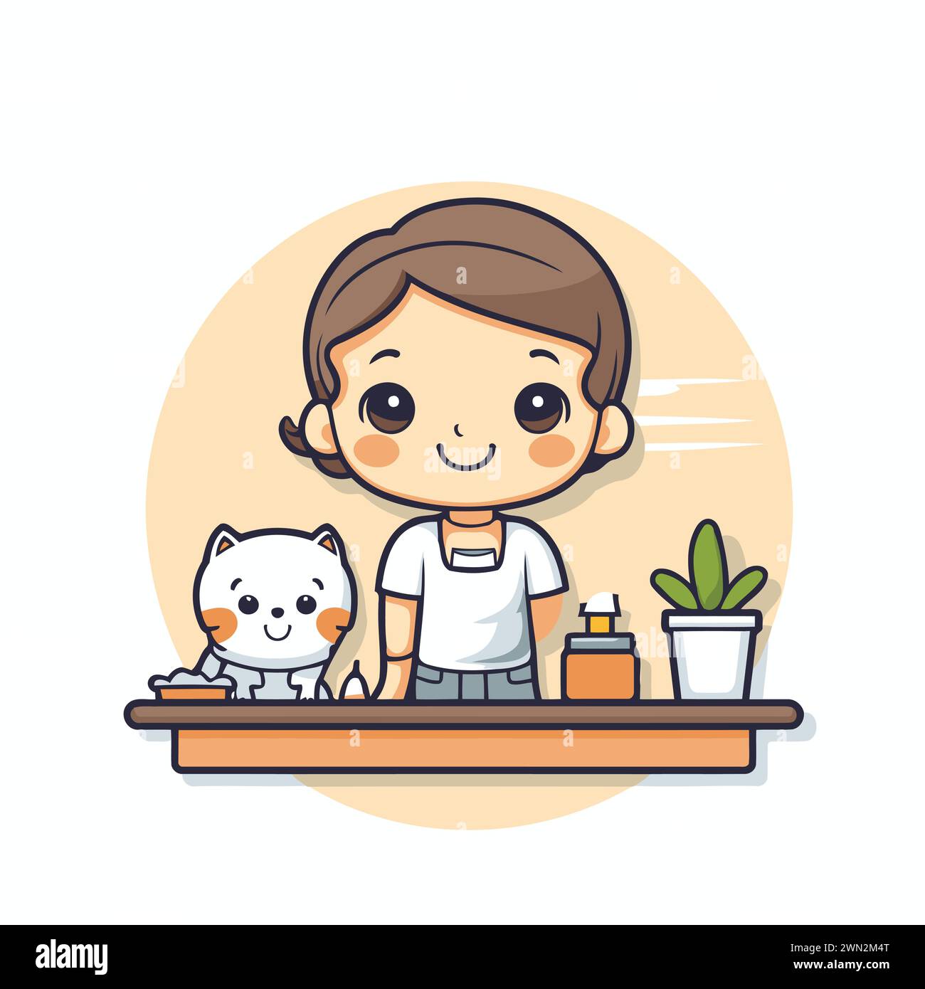 Cute little boy with cat in pet shop. Vector illustration. Stock Vector