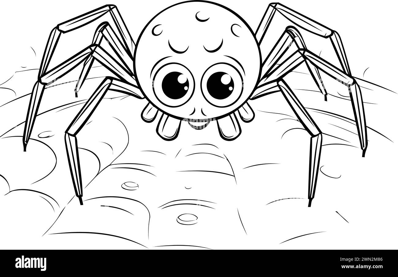 Cute cartoon spider. Black and white vector illustration for coloring book. Stock Vector
