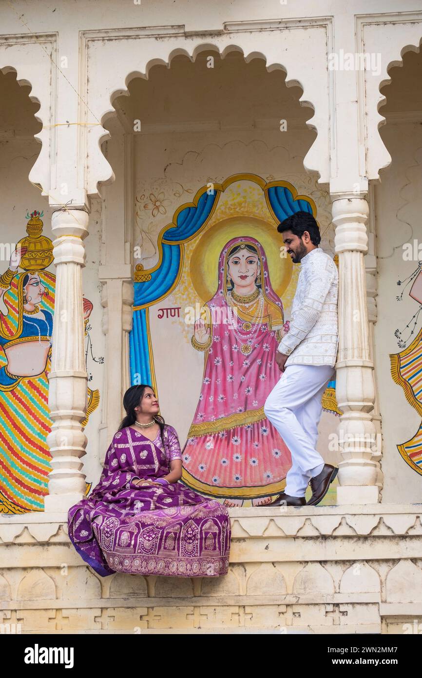 Indian couple at Gangaur Ghat Udaipur Rajasthan India Stock Photo