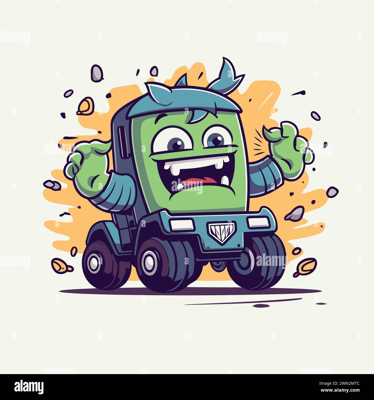 Funny green monster truck. Vector illustration. Cartoon character design. Stock Vector