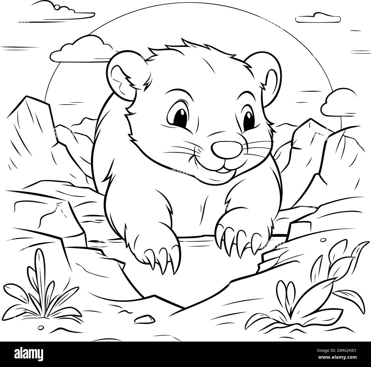 Illustration of a Cute Beaver Animal Coloring Book Page Stock Vector