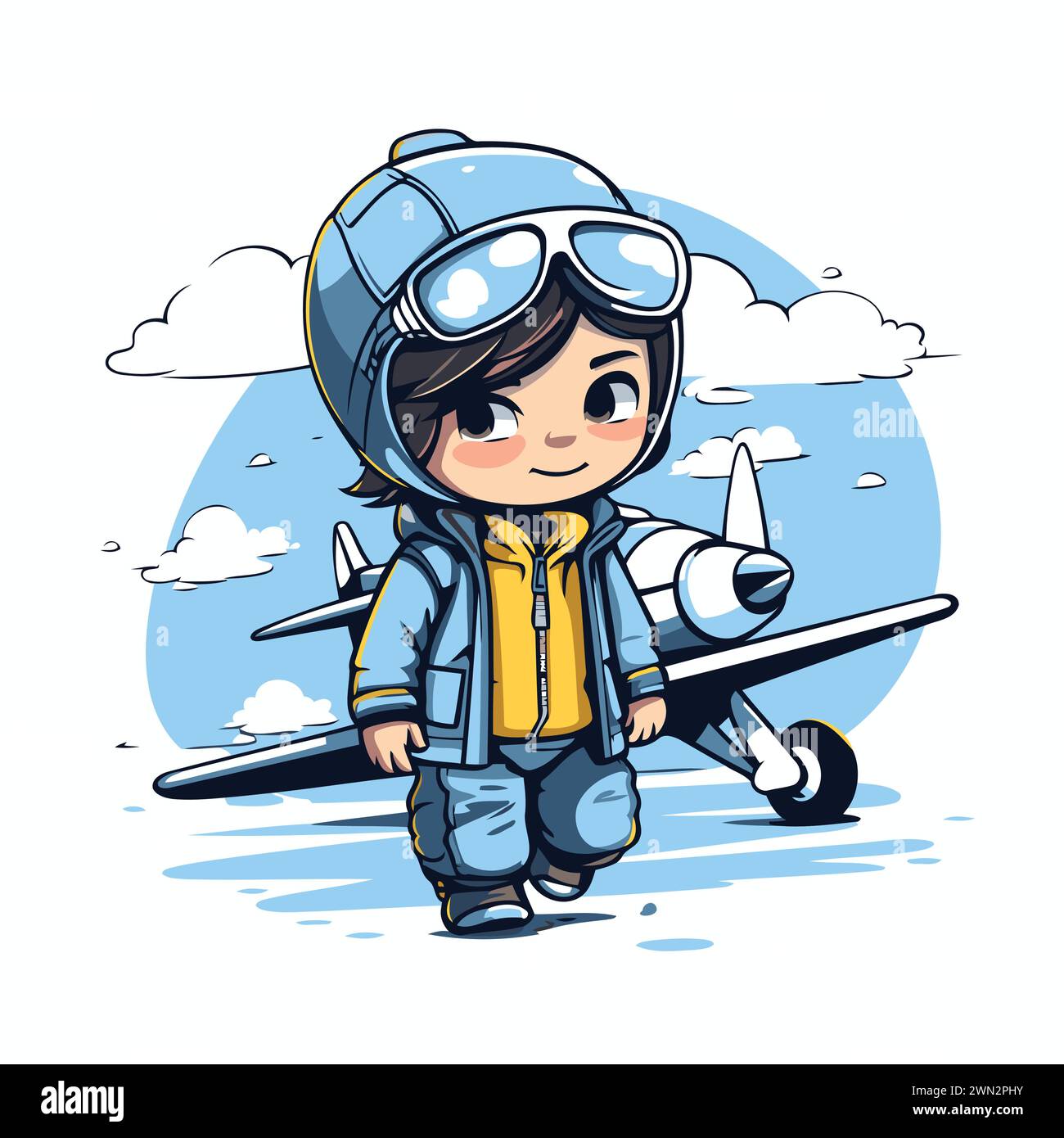 Cute little boy in aviator helmet and airplane. Vector illustration. Stock Vector