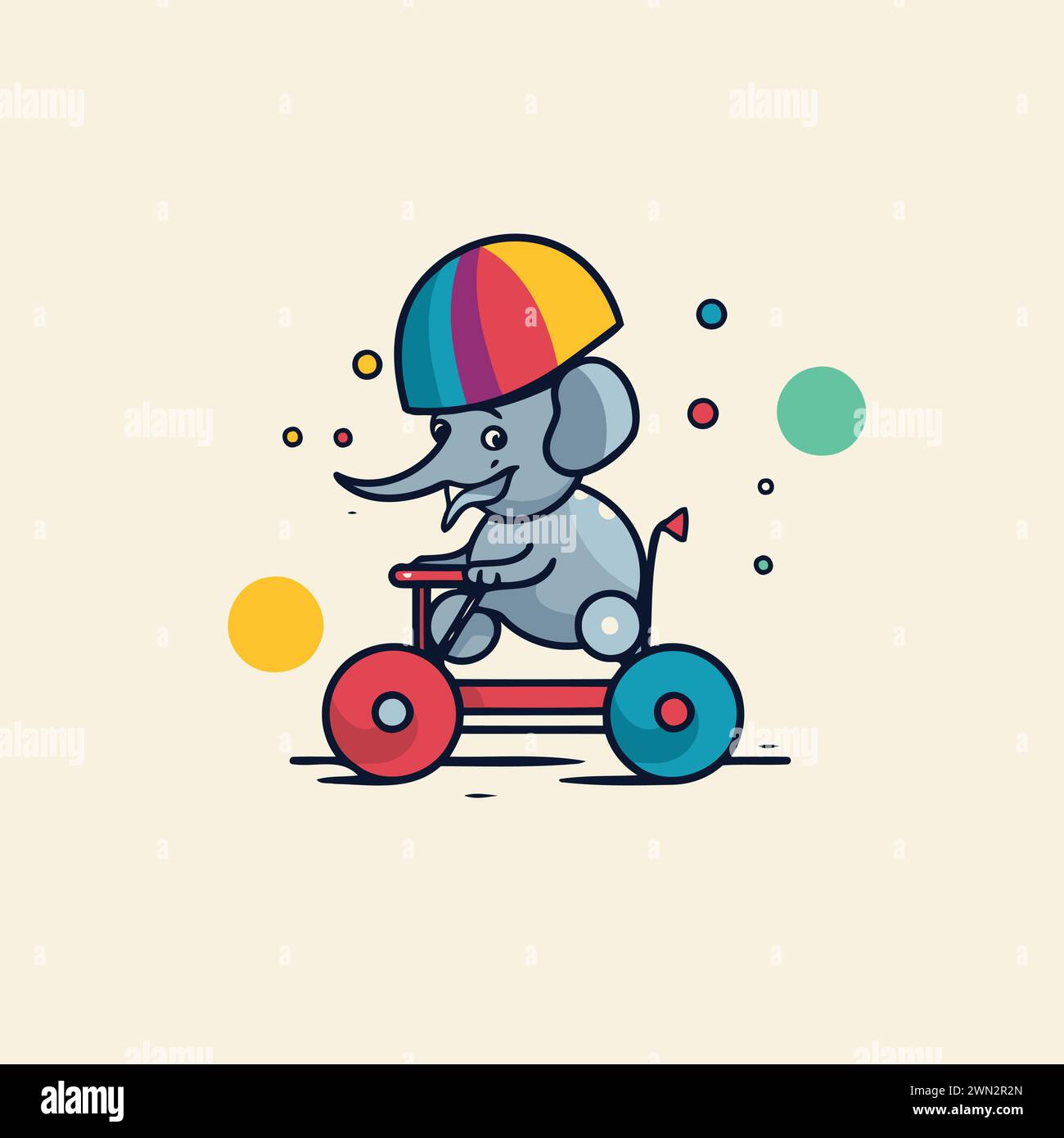 Cute elephant riding on a tricycle. Vector illustration in flat style