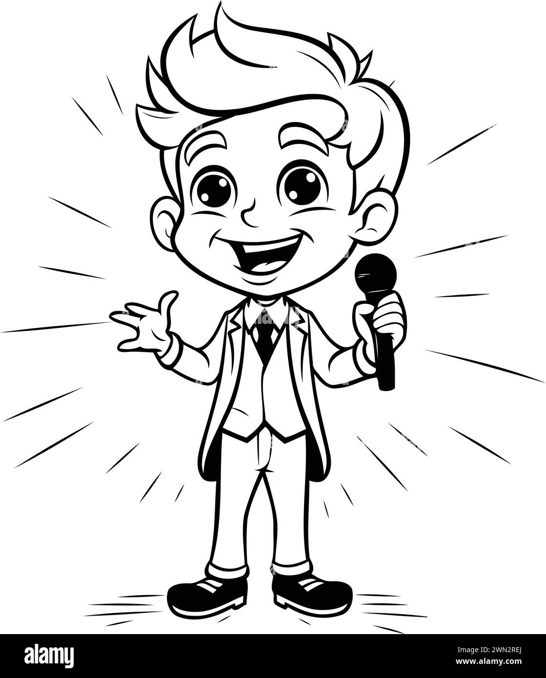 Black and White Cartoon Illustration of a Kid Boy Singing with ...