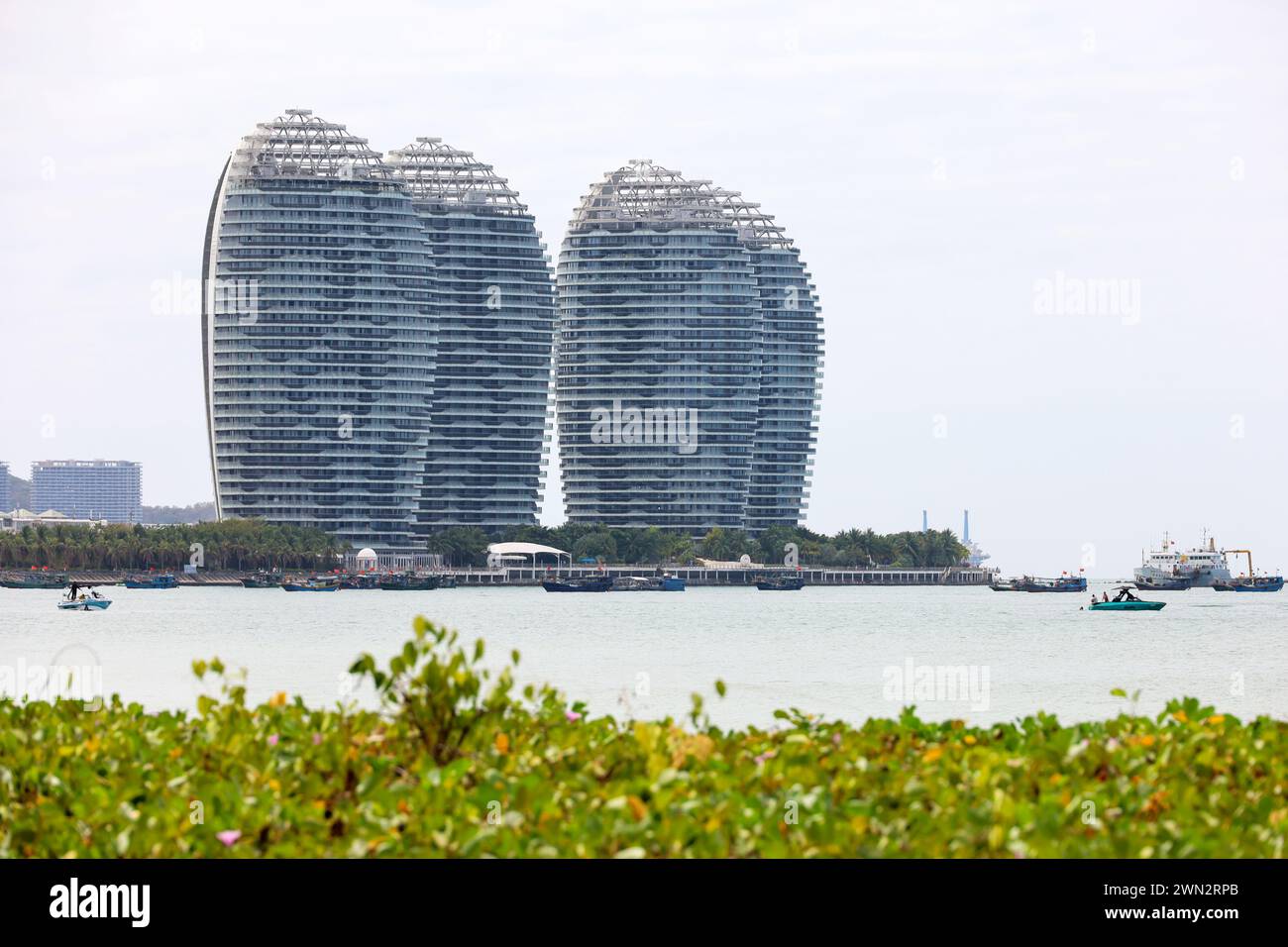 View of skyscrapers on the artificial Phoenix Island in Sanya, China Stock Photo