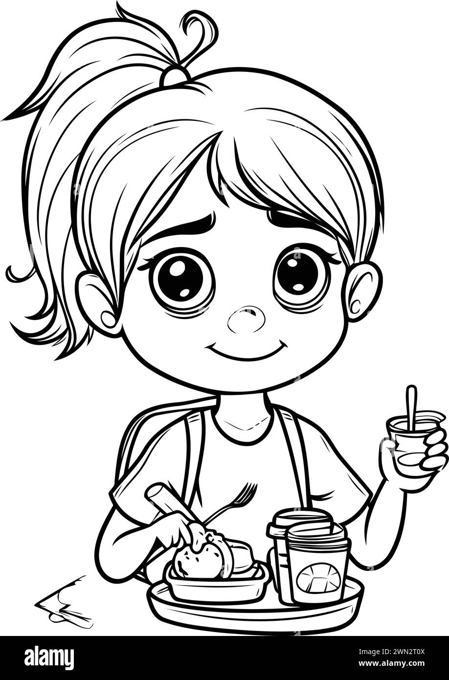 Cute little girl eating fried chicken. Vector illustration for coloring book Stock Vector
