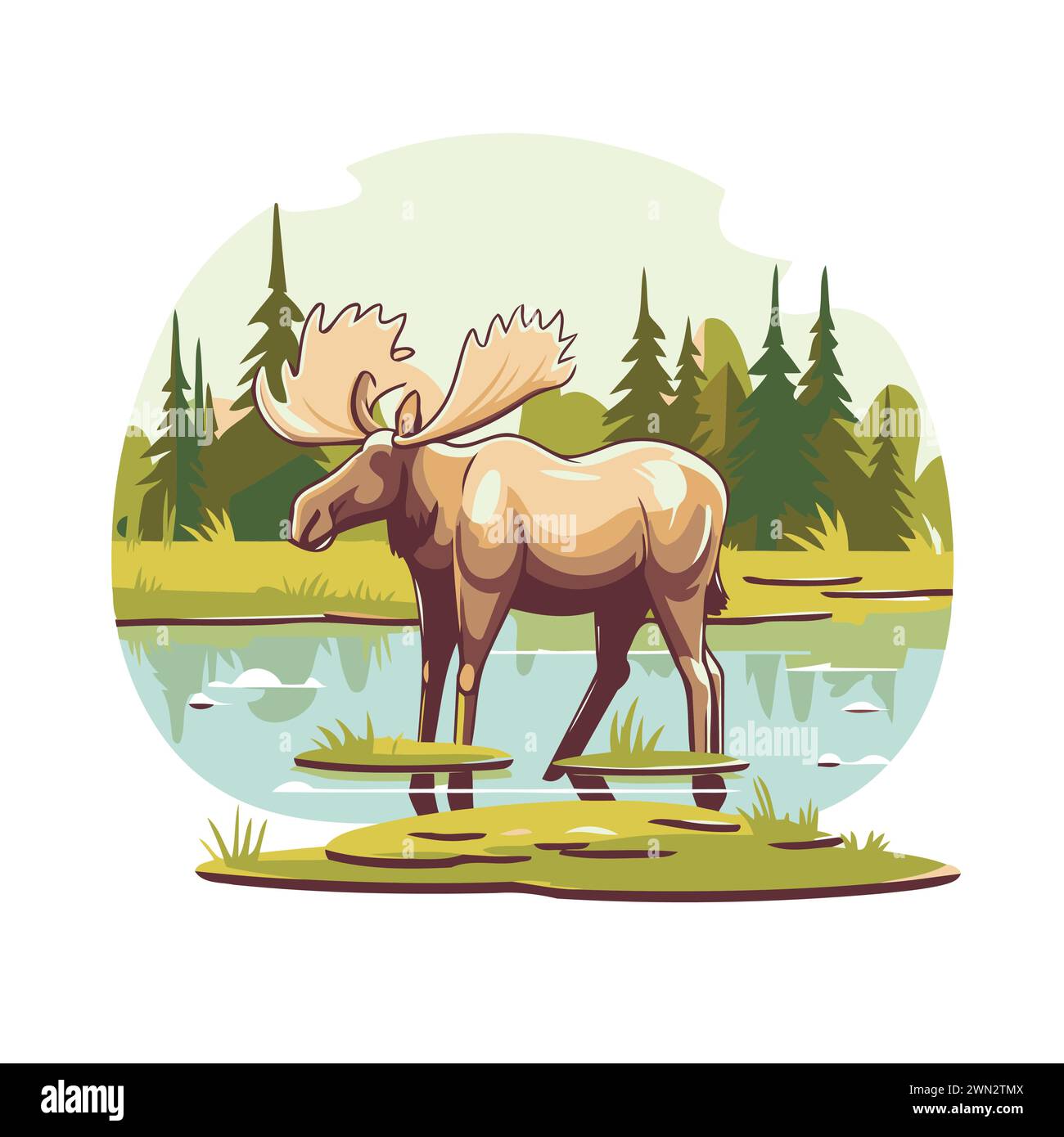 Moose on the river bank. Vector illustration in cartoon style. Stock Vector