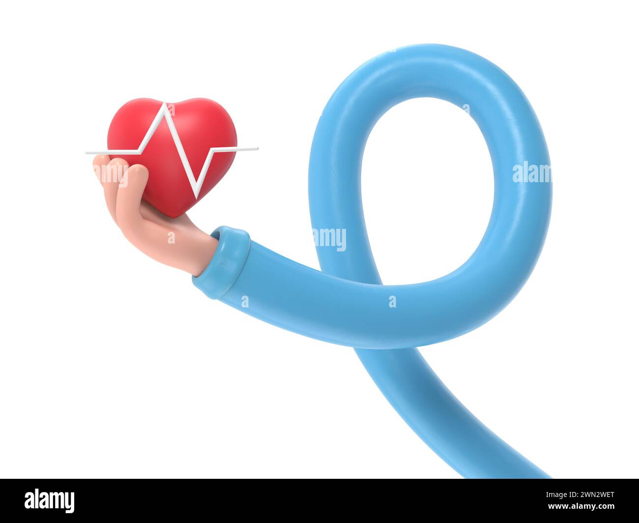 3d render. Medical heart rate icon. Doctor or cardiologist cartoon hand holding heart with chart line. Healthcare illustration. Cardiogram clip art.3D Stock Photo
