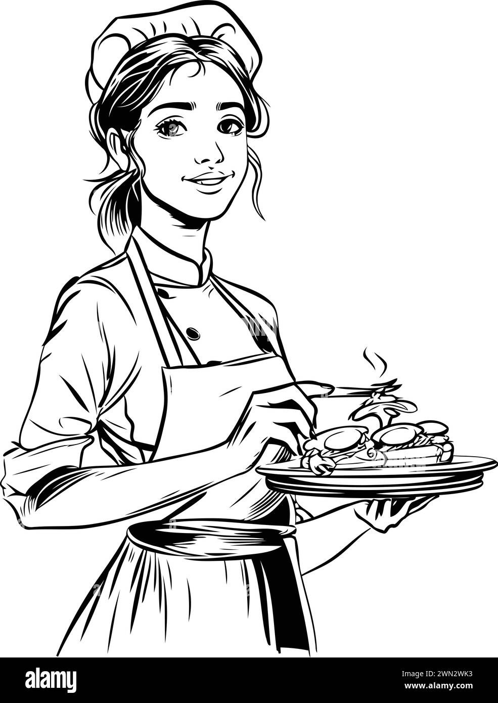 Vector illustration of a young woman cook with a plate of food. Stock Vector