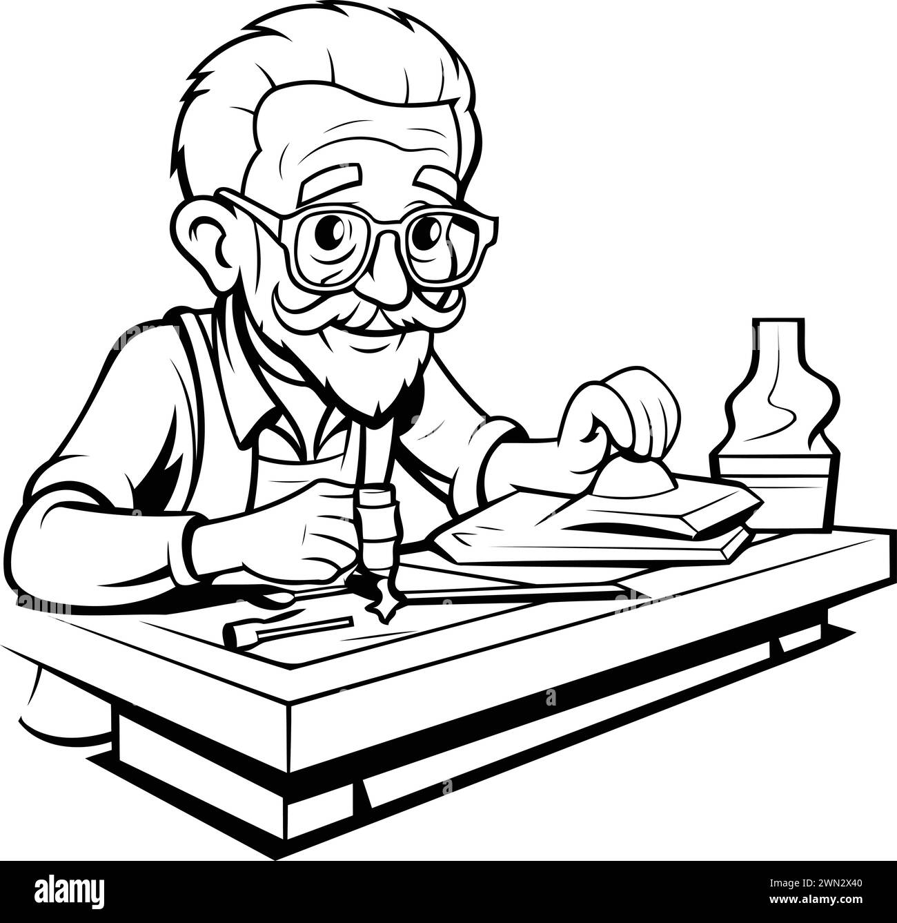 Black and White Cartoon Illustration of an Elderly Man Writing a Letter