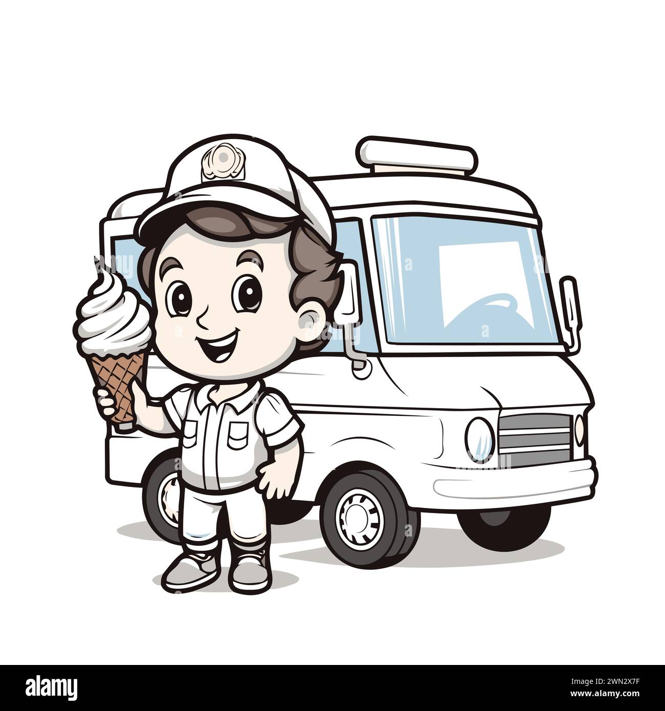 Cute cartoon delivery boy with ice cream truck. Vector illustration. Stock Vector
