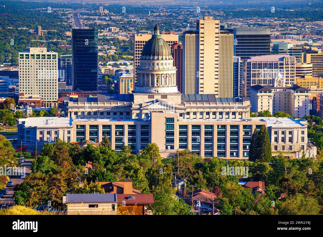 Utah State Capitol building with Salt Lake City skyline in the background. Stock Photo