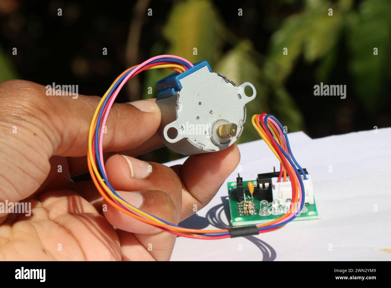 Stepper motor used in various hobby electronics projects held in the hand with stepper motor driver on the background Stock Photo