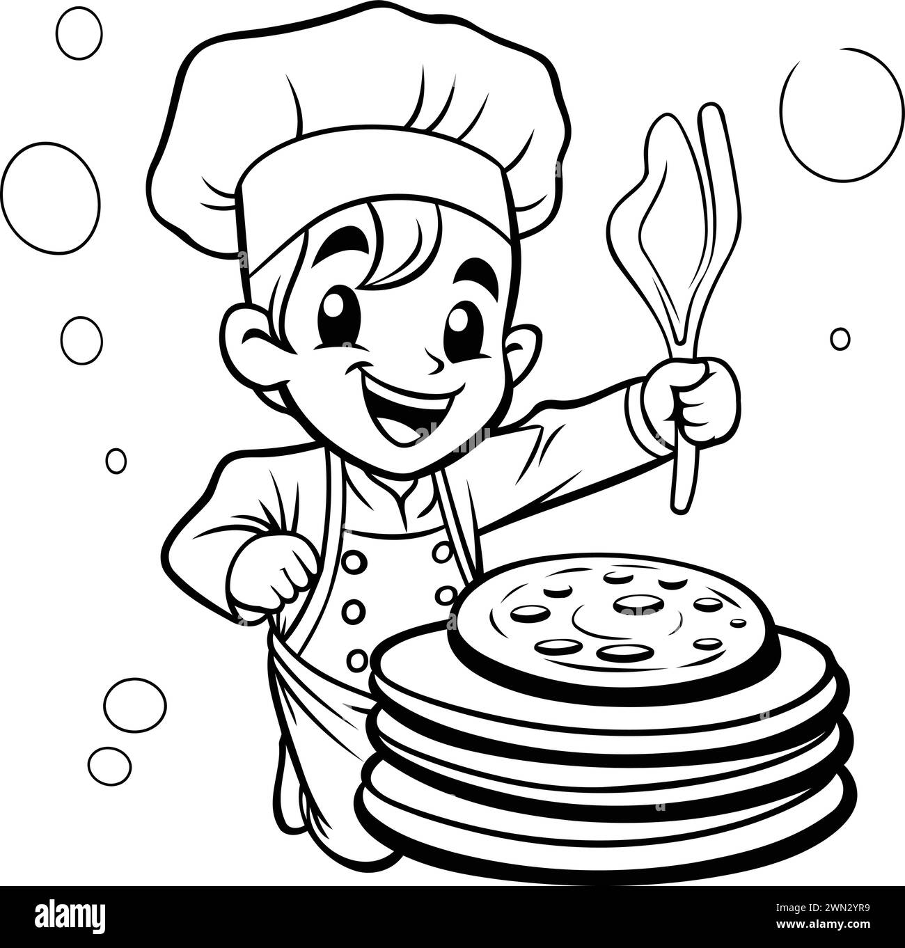 Black and White Cartoon Illustration of Little Boy Chef with Stack of Pancakes for Coloring Book Stock Vector