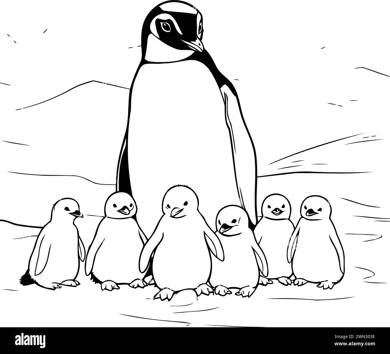 penguin family. sketch vector graphics monochrome illustration on a