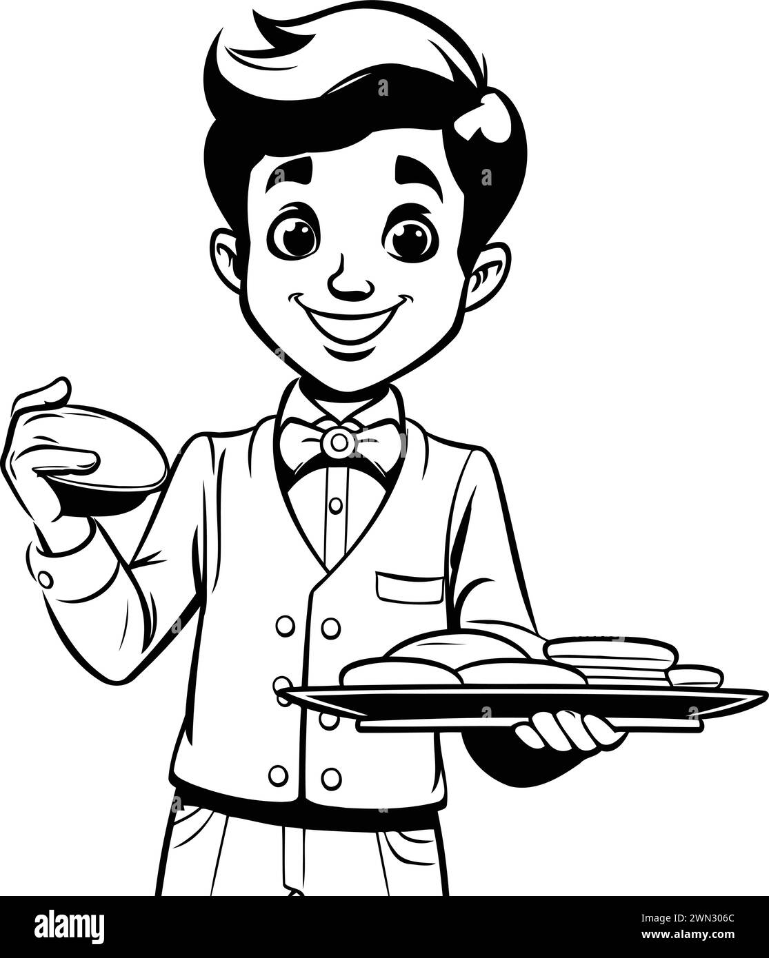 Cartoon image of a young waiter holding a tray of food. Stock Vector