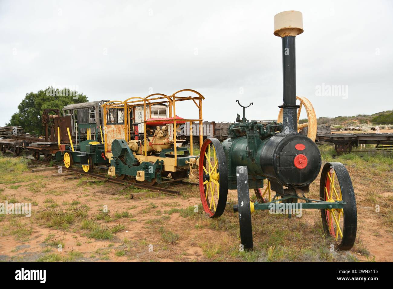 Old steam engine and railway carriages outside the Railway Station