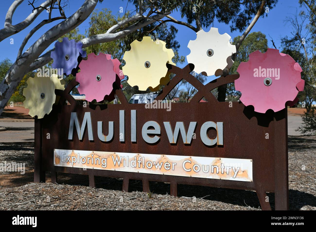 Mullewa welcome sign in the town of Mullewa, the heart of wildflower country in Western Australia Stock Photo