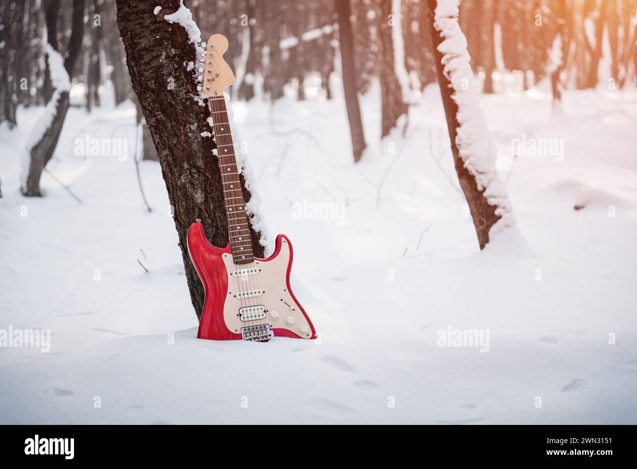 Red electric guitar in the snowy forest. Fender Squire Stratocaster leaned against a tree stem in winter forest, bottom part of the guitar in snow. Stock Photo