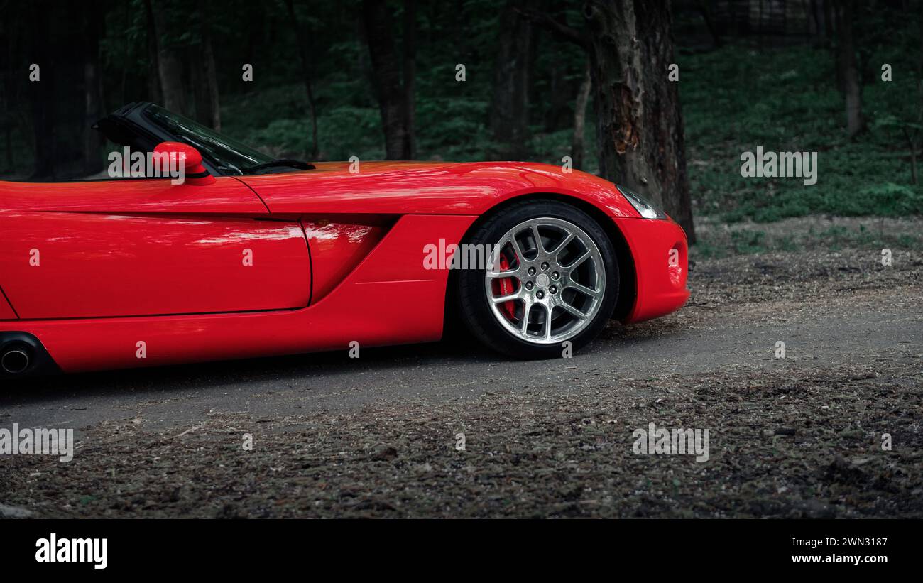 red Dodge Viper in a forest. Front part side view of american roadster sports car. Stock Photo