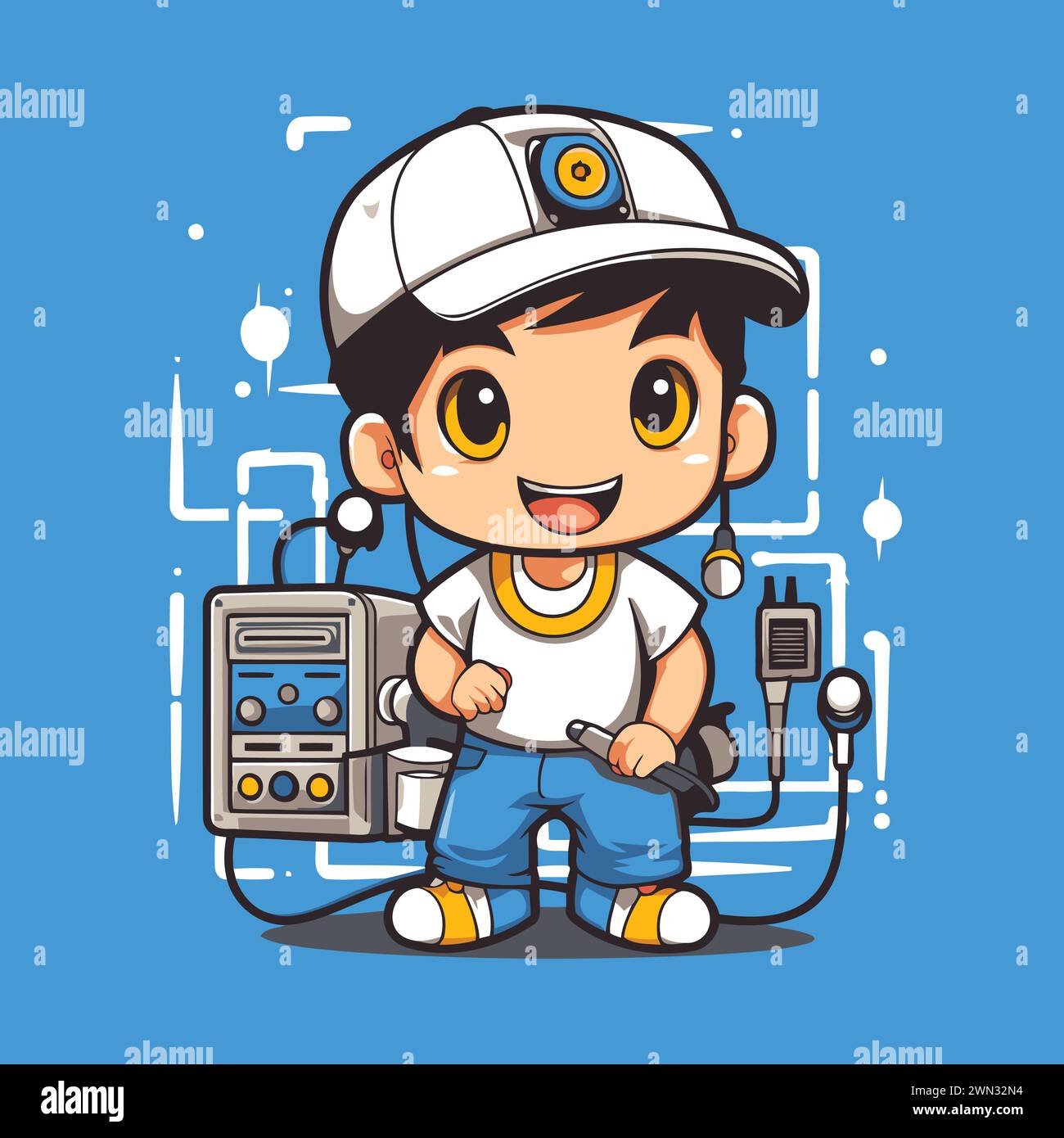 Cartoon boy with power supply. Vector illustration of a boy with power