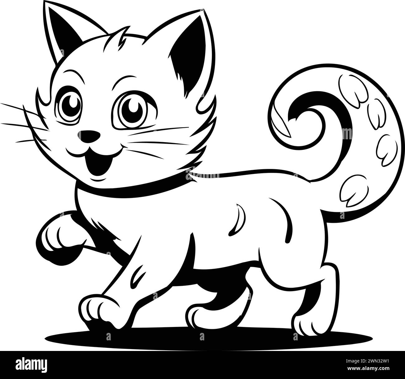 Cute Cartoon Cat Running Black and White Illustration. Vector Stock