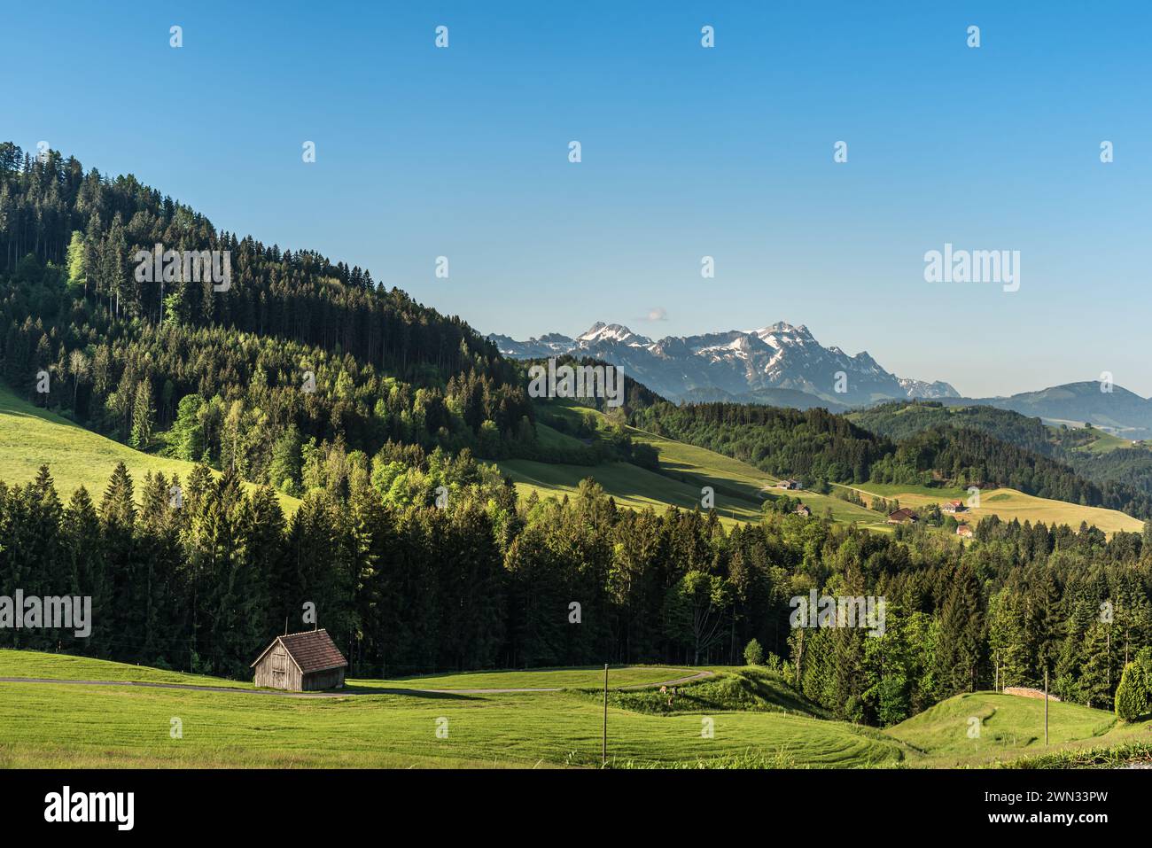 Landscape in the Appenzellerland, view to the Alpstein mountains with Saentis, Canton Appenzell Ausserrhoden, Switzerland Stock Photo
