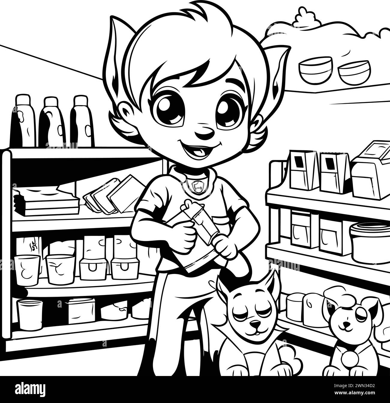 Black and white illustration of a boy with a dog in a pet shop. Stock Vector