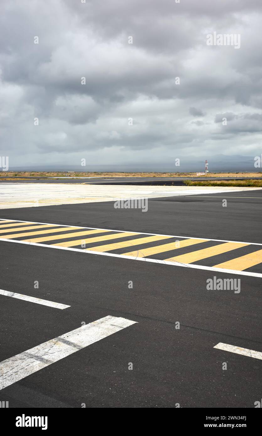 Photo of the runway on Baltra Island, selective focus, Galapagos Islands, Ecuador. Stock Photo