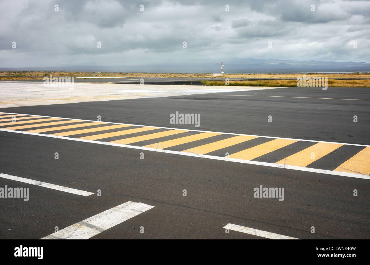 Photo of the runway on Baltra Island, selective focus, Galapagos Islands, Ecuador. Stock Photo