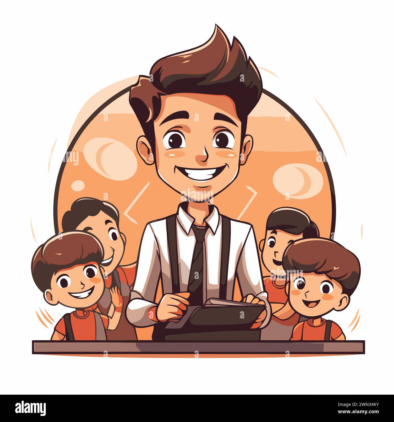 Happy cartoon man with typewriter and his children. Vector illustration. Stock Vector