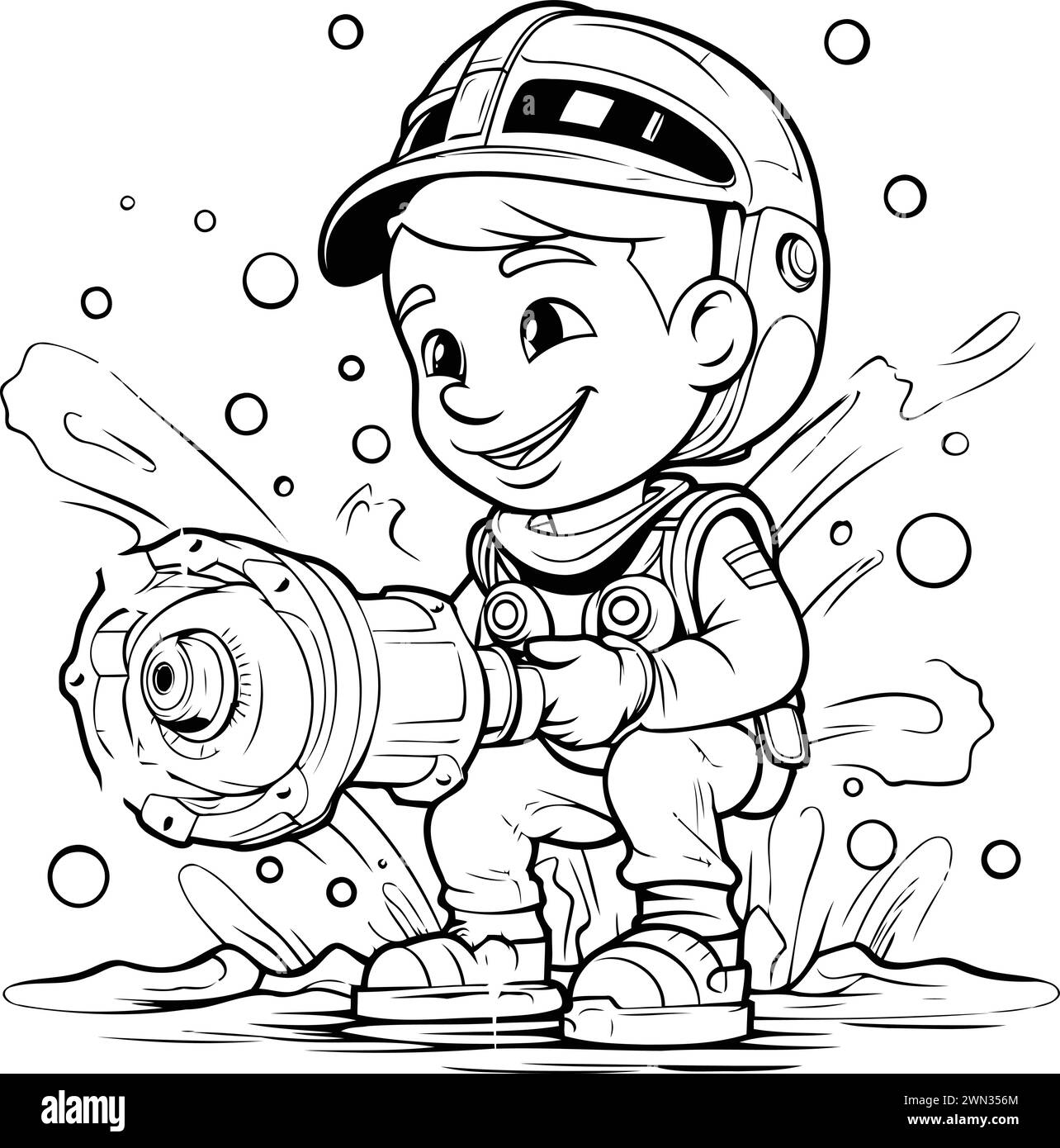 Black and White Cartoon Illustration of Cute Kid Boy with Power Tools
