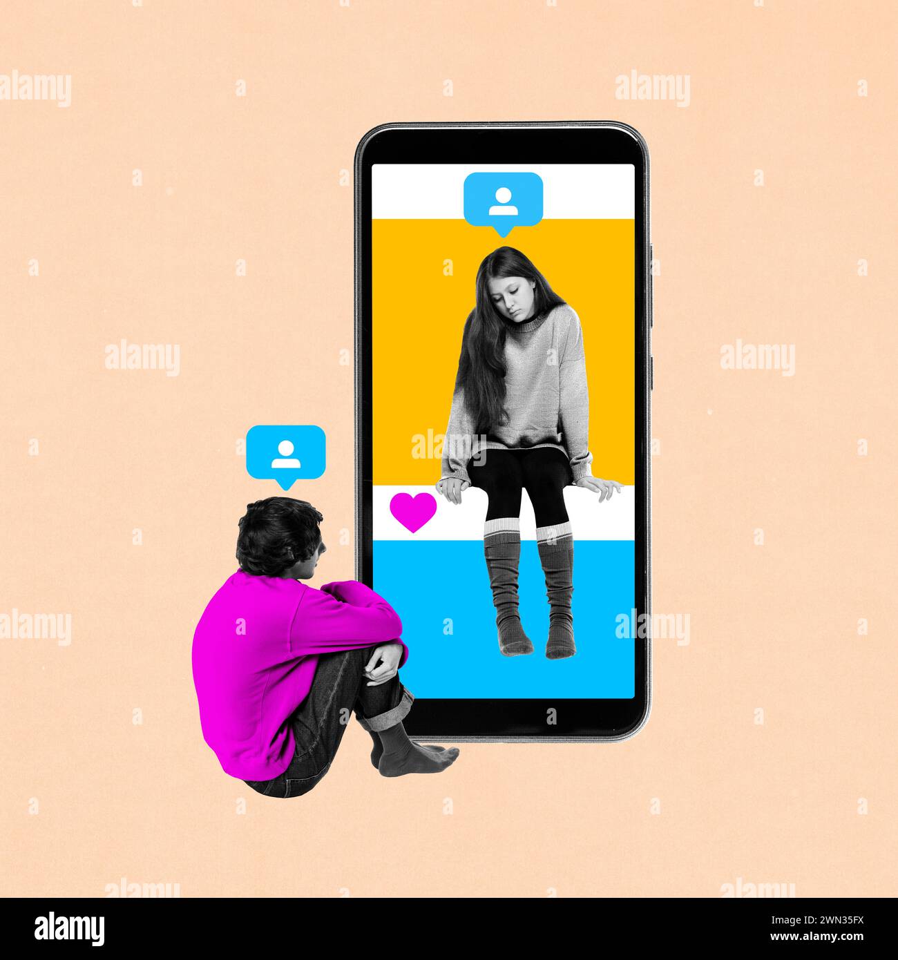 Man sitting and looking at woman on phone screen with comment icons. Contemporary art collage. Online relationship issues Stock Photo
